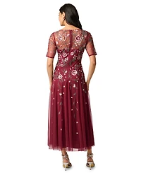 Adrianna Papell Women's Boat Neck Beaded Mesh Ankle Dress