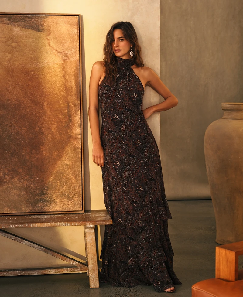 Lauren Ralph Paisley Georgette Tiered Mockneck Gown