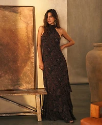 Lauren Ralph Paisley Georgette Tiered Mockneck Gown