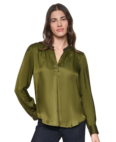 Dkny Women's V-Neck Satin Long-Sleeve Top