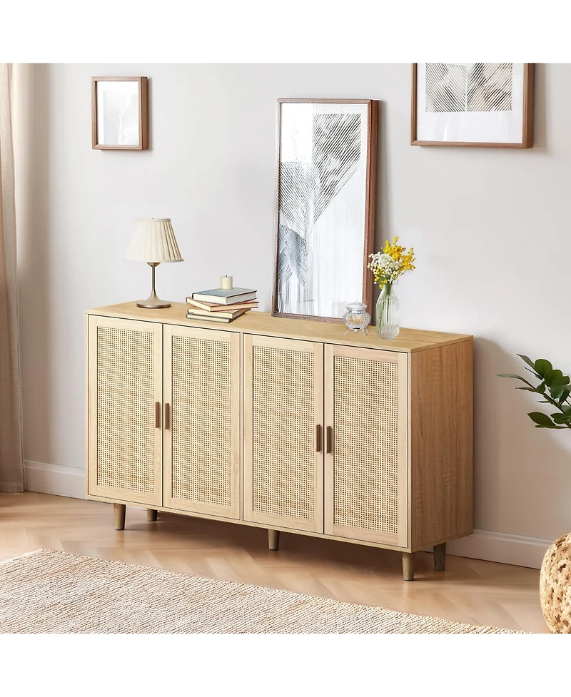 flynama 62.2 Inch Natural Rattan Four-Door Storage Cabinet Particle Board Solid Wood Leg Adjustable Shelf Household Sideboard Cabinet