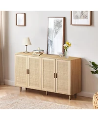 flynama 62.2 Inch Natural Rattan Four-Door Storage Cabinet Particle Board Solid Wood Leg Adjustable Shelf Household Sideboard Cabinet