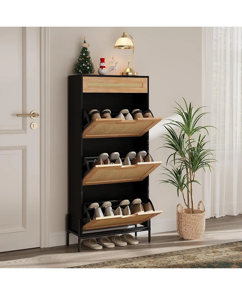 gaomon Modern Rattan 3 Flip Door Shoe Cabinet - Freestanding Entryway/Hallway Storage Organizer