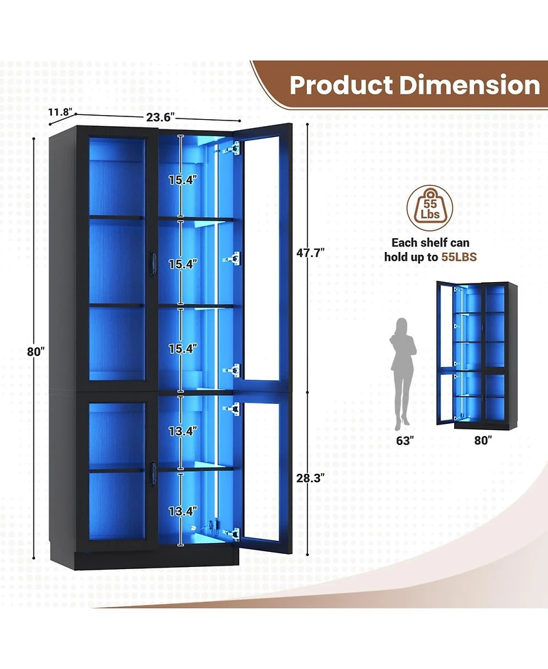 5-Tier Tall Display Cabinet with Glass Doors, 80" Bookcase Led Light