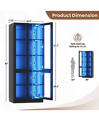 5-Tier Tall Display Cabinet with Glass Doors, 80" Bookcase Led Light