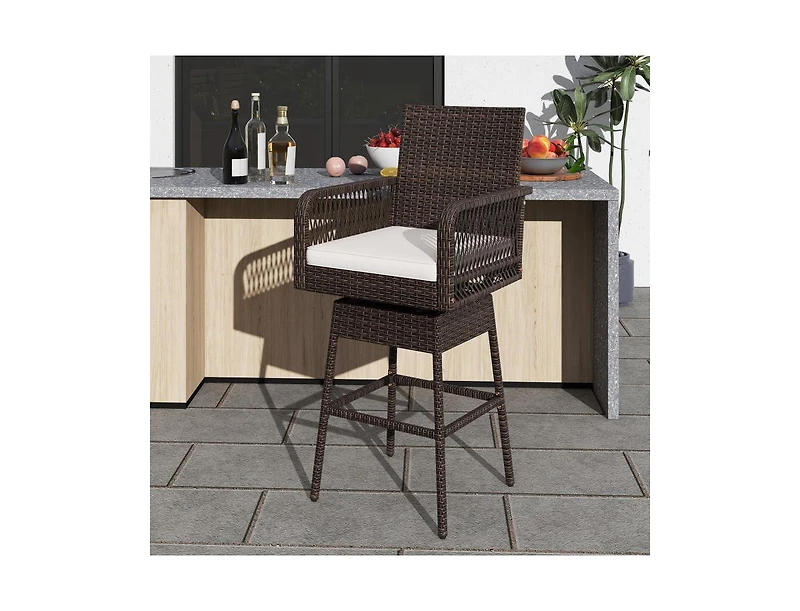 Mondawe 29 in Patio 360 Degree Swivel Bar Stool with Woven Armrests and Cushion