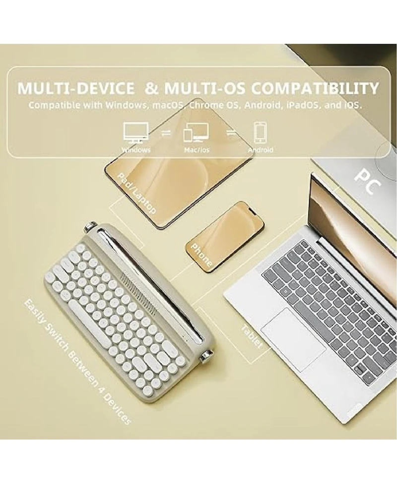 Lamicall Retro Round Keycap Tri-Mode Typewriter Style Keyboard