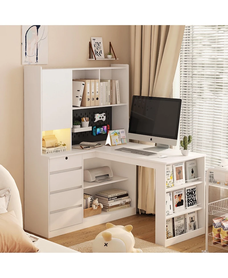 Boyel Living L Shaped Desk with Charger Computer Desk with Drawers Bookshelf with Led Light Modern Corner Desk Home Office Desk