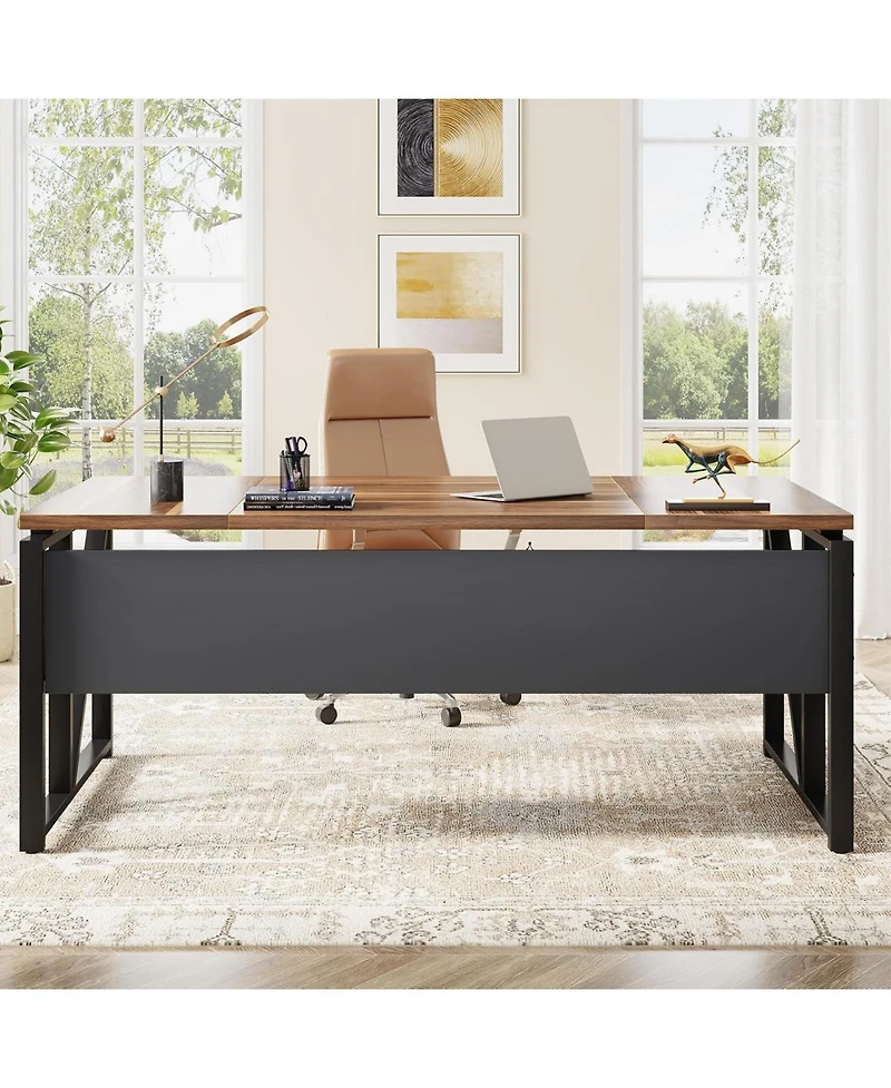 Tribesigns 63" Computer Desk with Bottom Storage Shelf:Home office writing table for workstation. Dark Walnut Plus steel legs.(Cabinet not included)