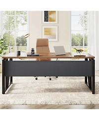 Tribesigns 63" Computer Desk with Bottom Storage Shelf:Home office writing table for workstation. Dark Walnut Plus steel legs.(Cabinet not included)