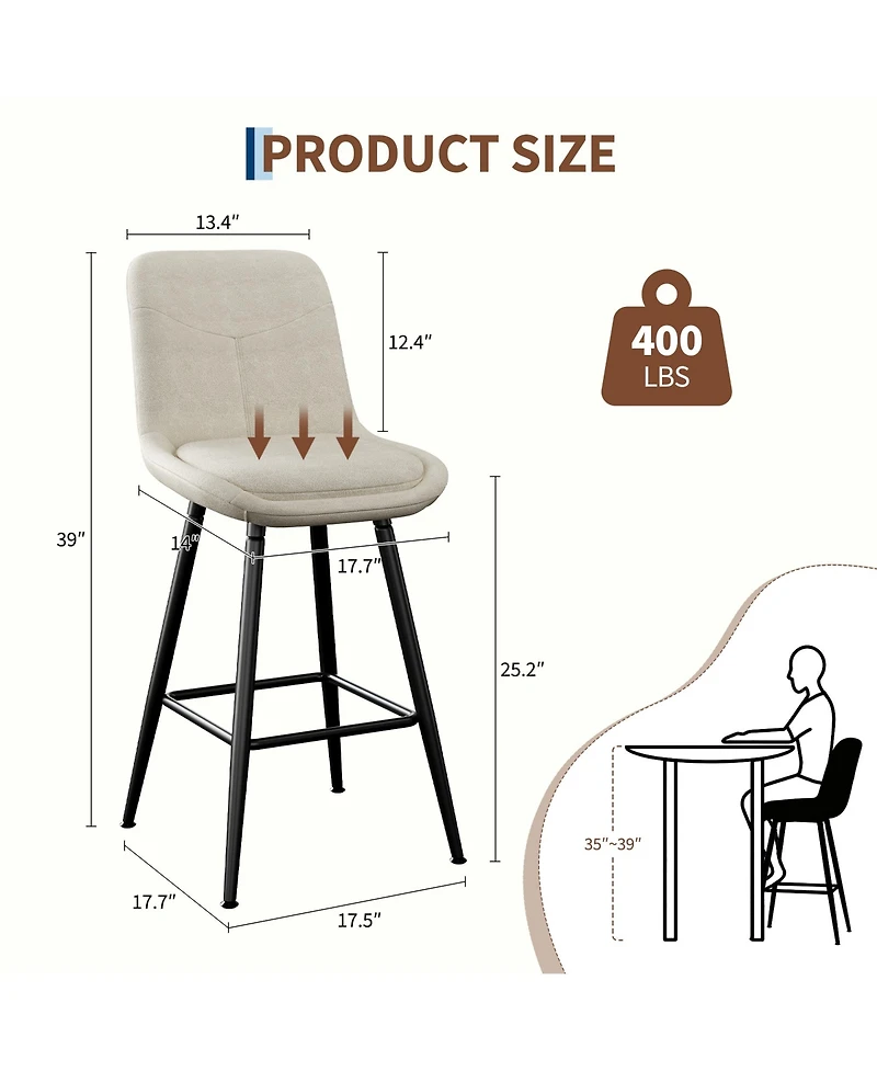 gaomon Upholstered Bar Stools Set of 2, Counter Height Chenille Fabric Barstool with Footrest, Backrest and Metal Legs, Modern Bar Chairs for Kitchen