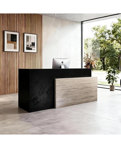 Logicfox Commercial Modern Reception Desk with Stone and Travertine Finish