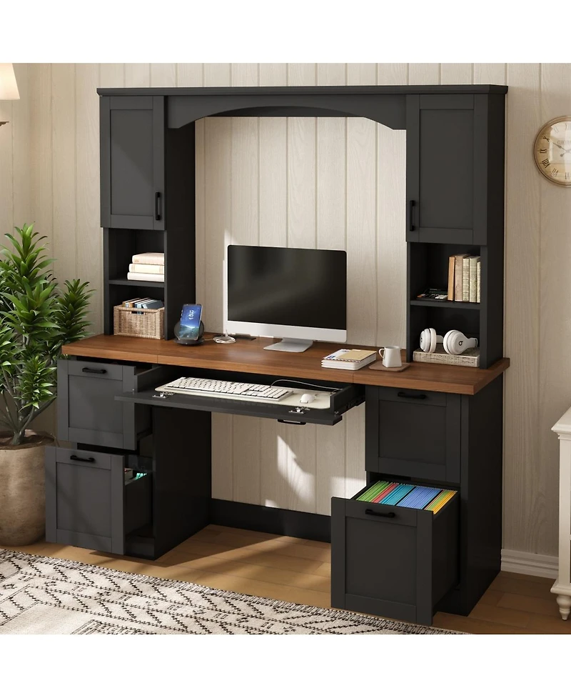 Streamdale Furniture Farmhouse Arched Computer Desk with Hutch and Charging Station
