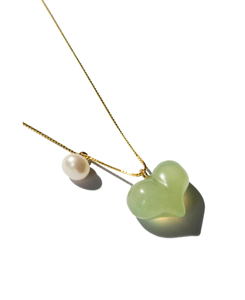 Puffed heart — Green jade & pearl pendant necklace