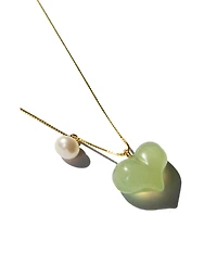 Puffed heart — Green jade & pearl pendant necklace