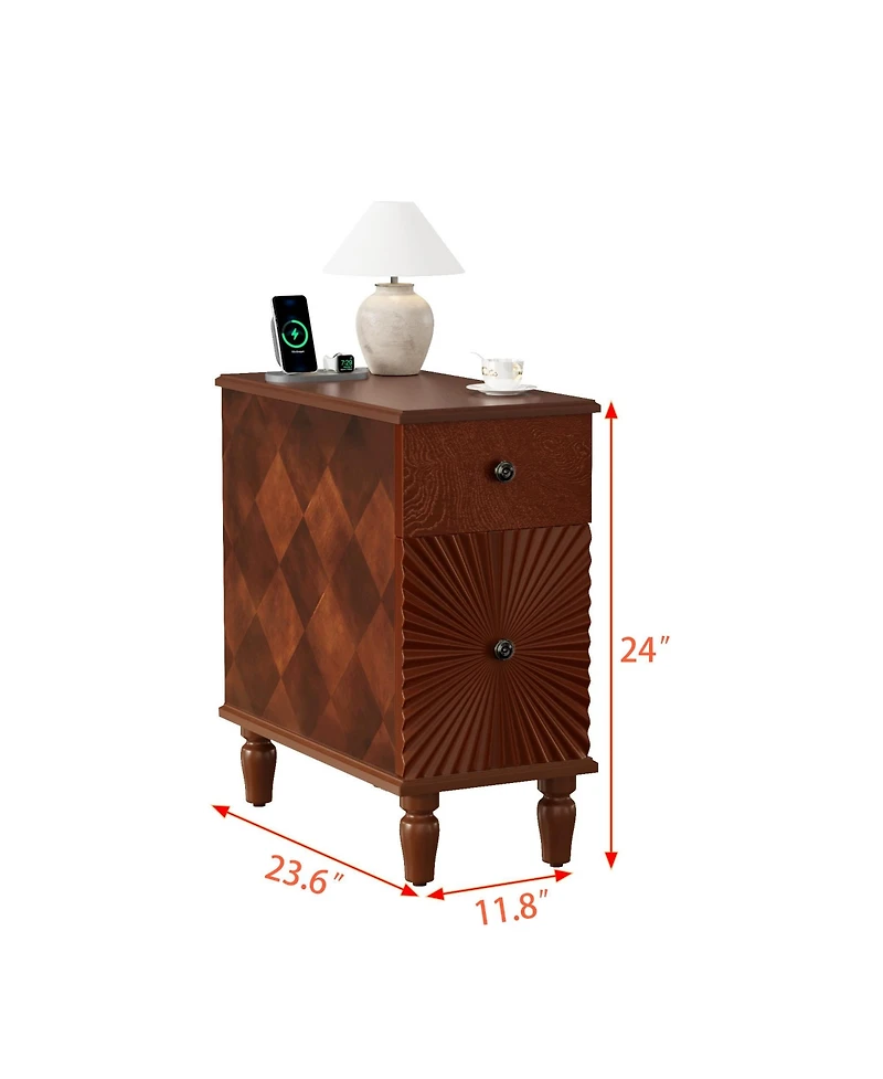 sumyeg Modern Slim Side Table with 2 Drawers Narrow Nightstand