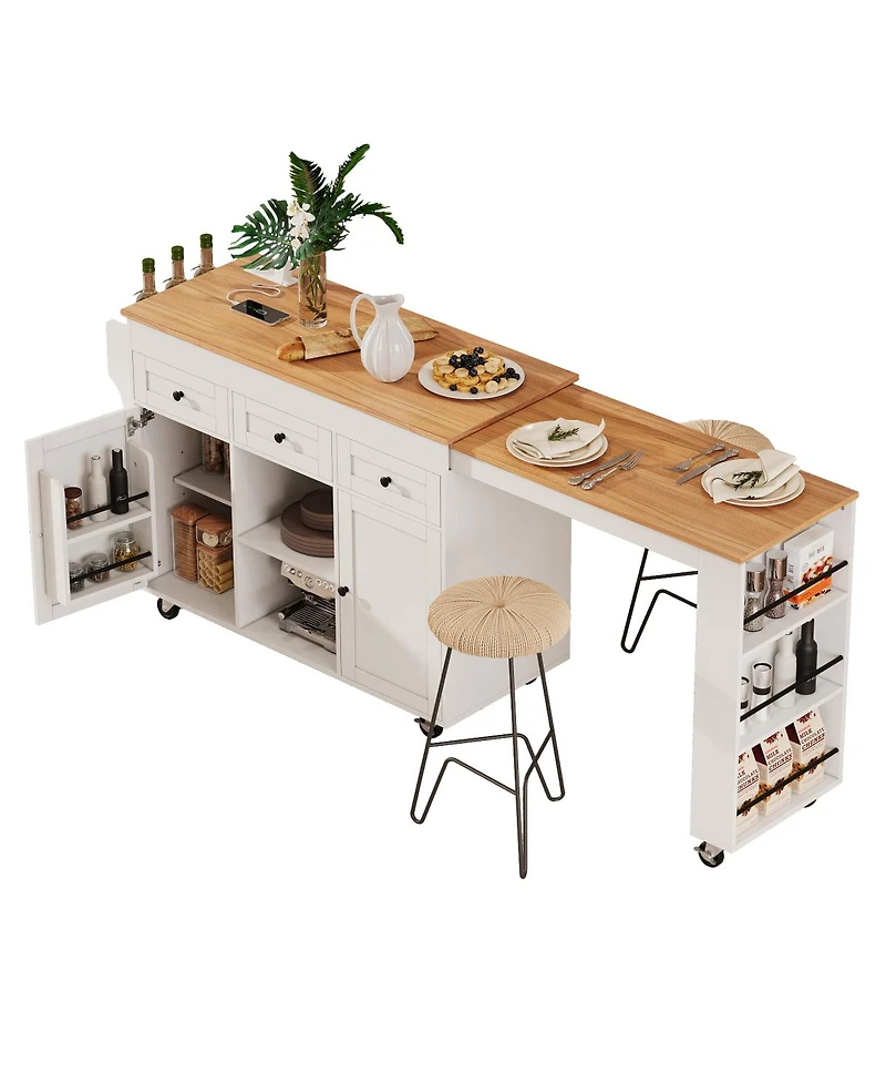 Streamdale Furniture 85.5" Extendable Kitchen Island with Storage, Power Outlet, and Shelves