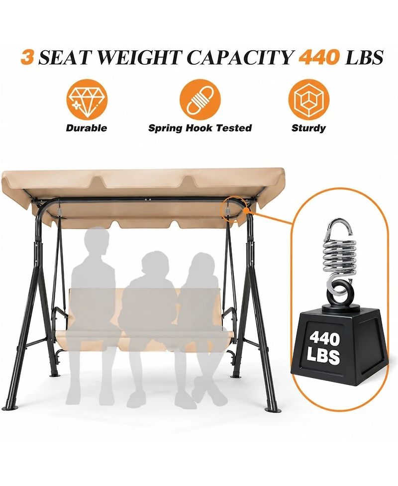 GarveeLife 3 Seat Outdoor Porch Swing with Adjustable Canopy, Patio Chair Stand, Metal Frame, Thick Cushions, 500 lb Capacity