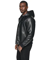Dkny Men's Hooded Faux Leather Bomber Jacket