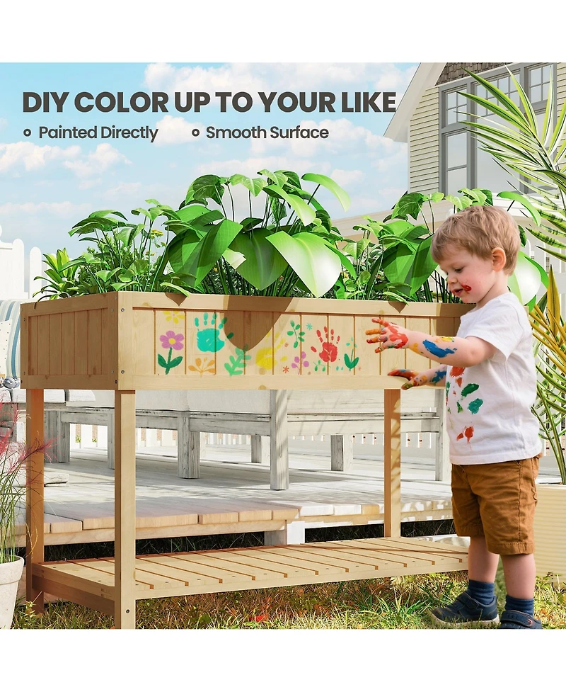 Elevated Natural Plant Stand Outdoor Flower Bed 8 Grid Box w/ Storage