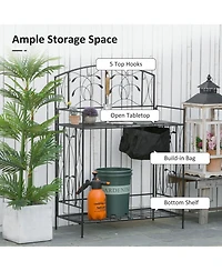 Outsunny Folding Potting Bench Table, Metal Garden Workstation, Work Bench with Large Built-in Bag with Cover, 5 Hanging Hooks & Storage Shelf, Leaf P