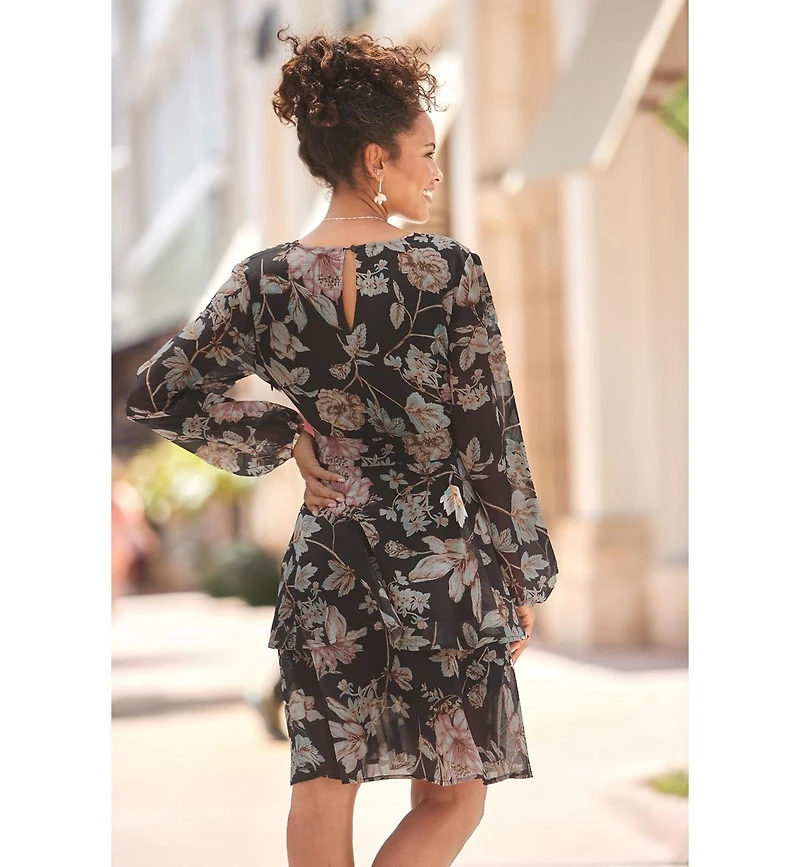 Lascana Women's Floral Print Long Sleeve Wrap Surplice-Neck Short Dress