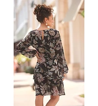 Lascana Women's Floral Print Long Sleeve Wrap Surplice-Neck Short Dress