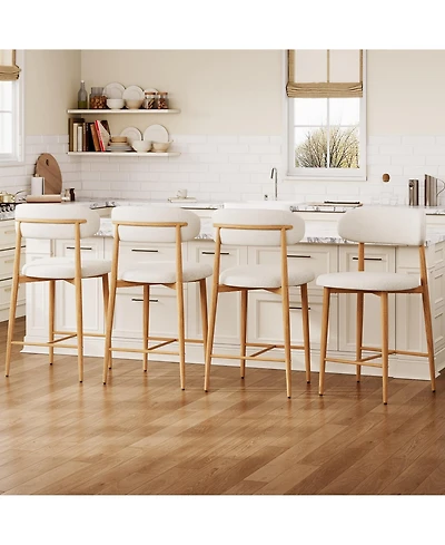 Maison Boucle Mid-Century Modern Counter Height Bar Stools Set of 4, Linen Upholstered, Natural Finish Leg Frame, Kitchen Island Seating, 26" Seat H
