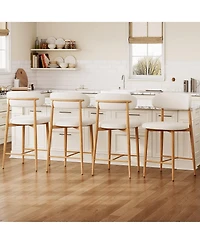 Maison Boucle Mid-Century Modern Counter Height Bar Stools Set of 4, Linen Upholstered, Natural Finish Leg Frame, Kitchen Island Seating, 26" Seat H