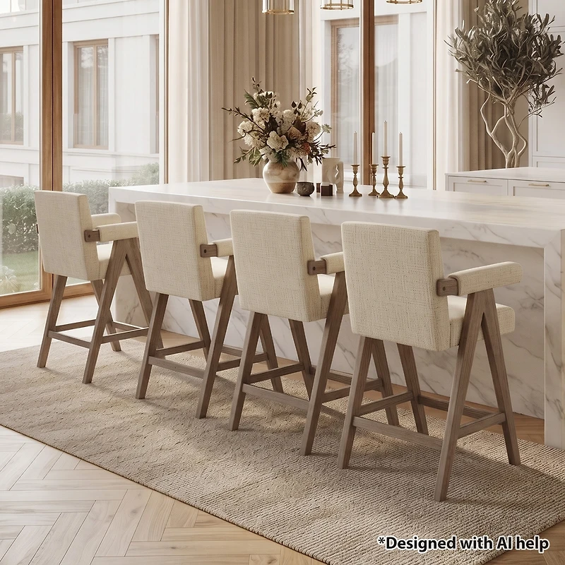Maison Boucle Set of 4 Mid-Century Modern Counter Height Bar Stool With Arms, Solid Wood Oak Legs, Beige Upholstered Full Back, Footrest, 25.5" Seat H