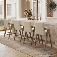 Maison Boucle Set of 4 Mid-Century Modern Counter Height Bar Stool With Arms, Solid Wood Oak Legs, Beige Upholstered Full Back, Footrest, 25.5" Seat H