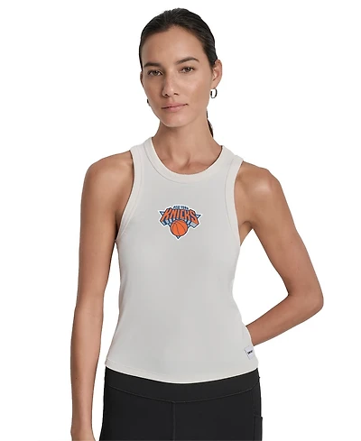 Dkny Women's White New York Knicks Hudson Rib High Neck Tank Top