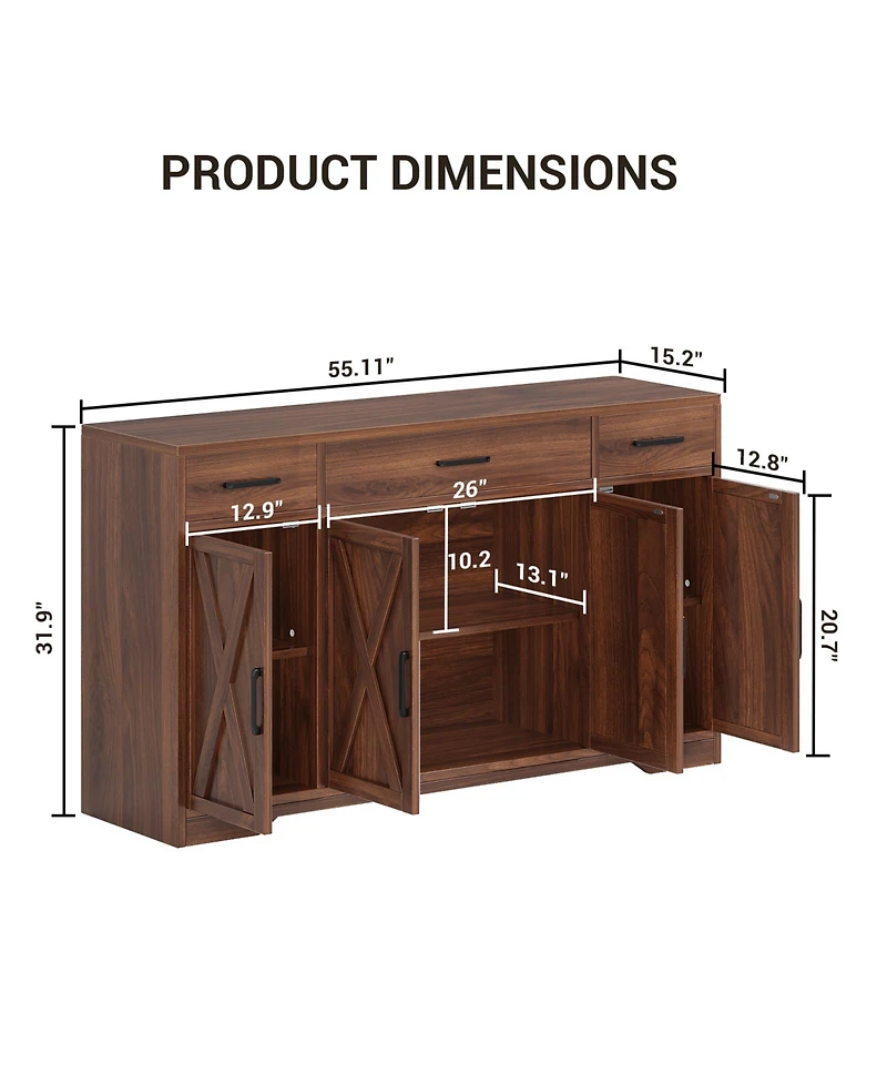 gaomon 55" Sideboard Buffet Cabinet, Wooden Coffee Bar Cabinet with 3 Drawers and Adjustable Shelf, Floor Cupboard for Kitchen, Living Room