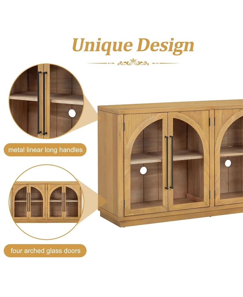 sumyeg 4-Door Large Storage Cabinet with Glass Doors, Arched Adjustable Shelves