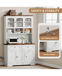 homfan 71" Tall Pantry Cabinet with Charging Station, Fluted Glass and Drawers, Farmhouse Kitchen Hutch for Living Room
