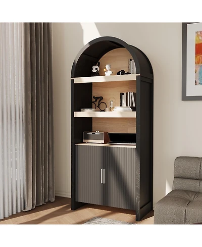 homfan 71" Tall Arched Bookshelf Cabinet, 5-Tier Bookcase with Mid-Century Doors and Open Shelves, Adjustable Storage for Office Living Room