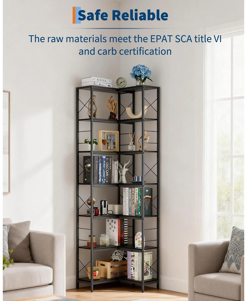 homfan 7-Tier Industrial Corner Bookshelf Freestanding L-Shaped Metal and Wood Bookcase with Adjustable Feet Space-Saving Display Storage Rack