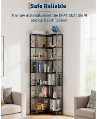homfan 7-Tier Industrial Corner Bookshelf Freestanding L-Shaped Metal and Wood Bookcase with Adjustable Feet Space-Saving Display Storage Rack