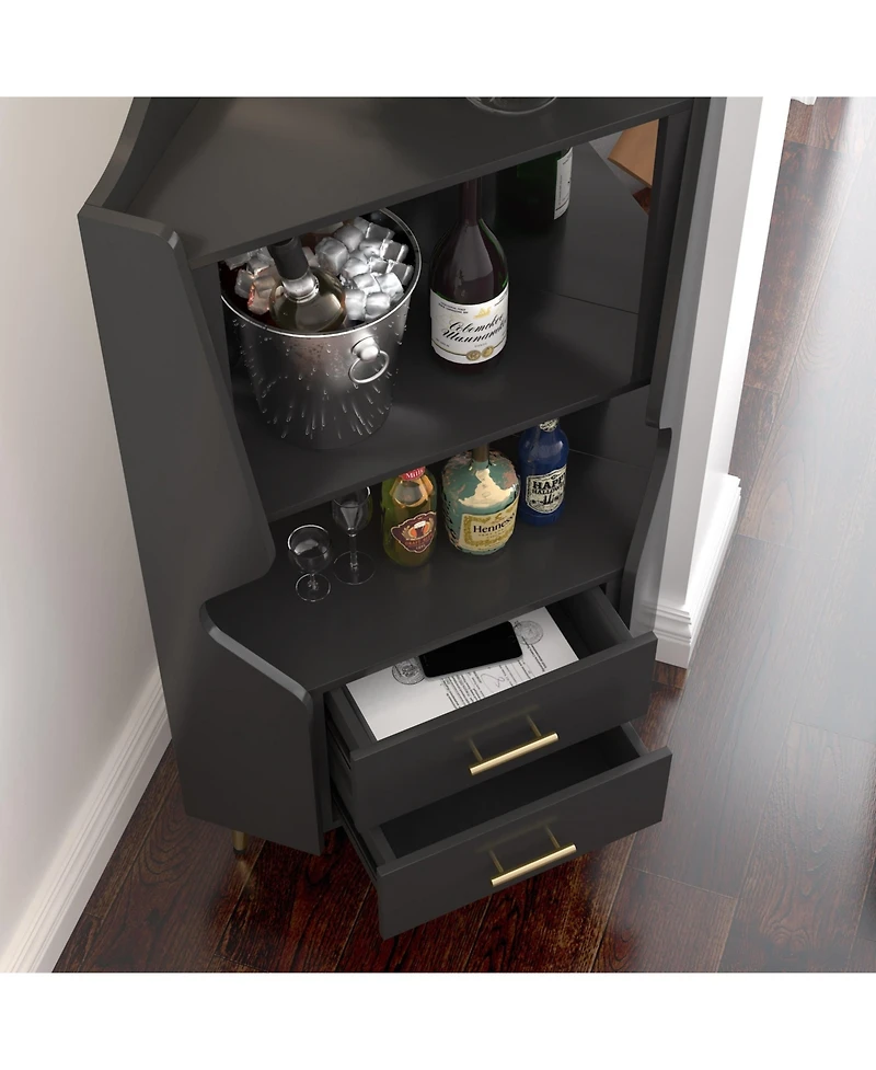 Sailvan Wooden Corner Bar Cabinet with 2 Open Shelves, 2 Drawers and Mirrored