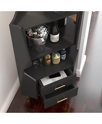 Sailvan Wooden Corner Bar Cabinet with 2 Open Shelves, 2 Drawers and Mirrored