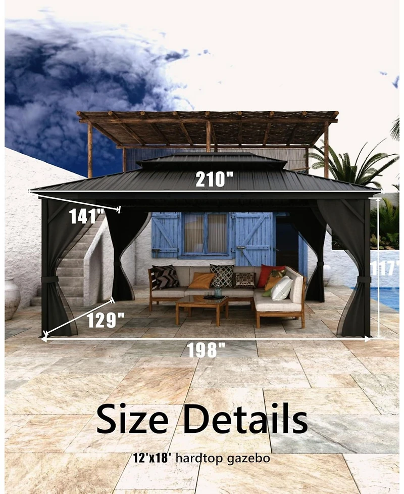 gaomon Hardtop Gazebo for All Weather, with Double Metal Roof, Net, and Curtain, Permanent Building for Patio, Deck, Backyard, Lawn