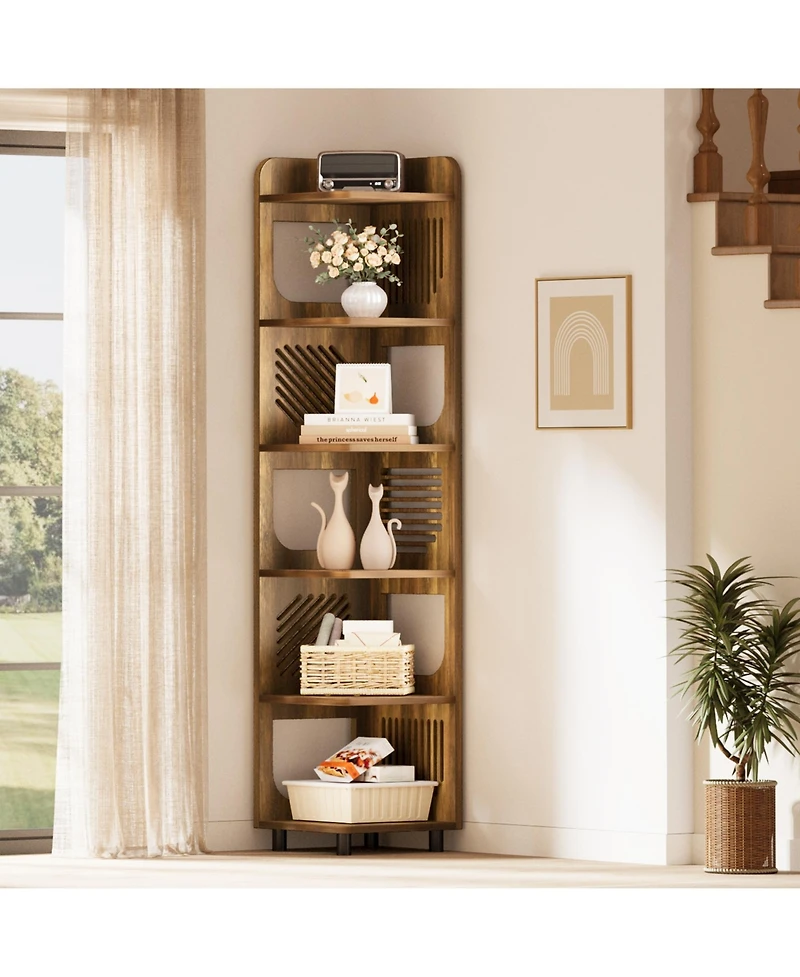 Tribesigns 6-Tier Tall Corner Shelf, 71-Inch Rustic Narrow Bookshelf Bookcase with Square Rack