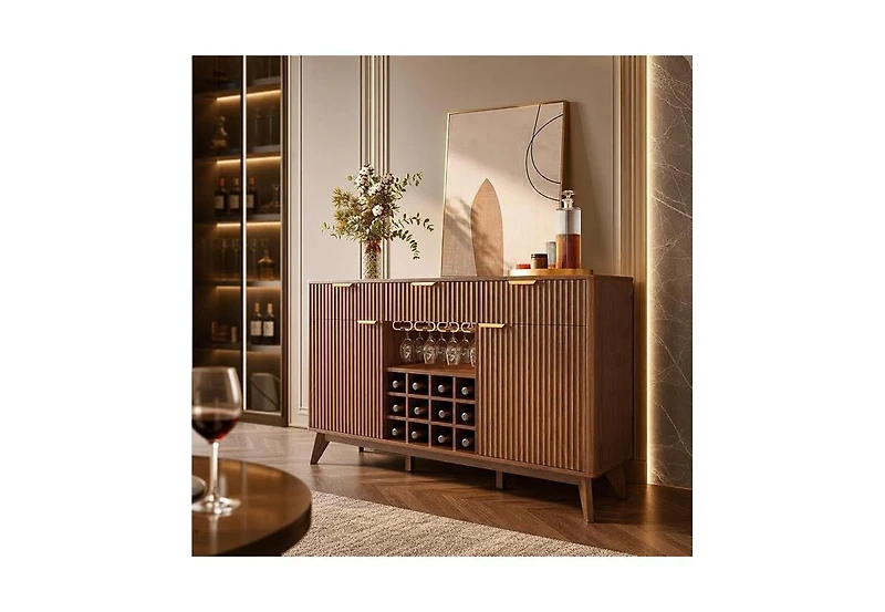 homfan 60" Wide Fluted Wine Bar Cabinet with 2 Side Cabinets, 3 Drawers, 4 Glass Holders and 12 Racks, Modern Buffet Sideboard Storage