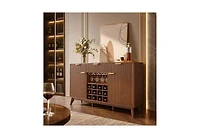 homfan 60" Wide Fluted Wine Bar Cabinet with 2 Side Cabinets, 3 Drawers, 4 Glass Holders and 12 Racks, Modern Buffet Sideboard Storage