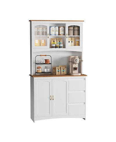 homfan Tall Kitchen Pantry Cabinet with Led Lights and Charging Station,Storage Hutch,Countertop,3 Drawers,4 Doors,Adjustable Shelves,Coffee Bar