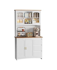 homfan Tall Kitchen Pantry Cabinet with Led Lights and Charging Station,Storage Hutch,Countertop,3 Drawers,4 Doors,Adjustable Shelves,Coffee Bar