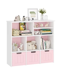 homfan Kids Storage Cabinet with 3 Drawers and 6 Cubes, Bookshelf Toy Organizer with Hidden Wheels, for Bedroom, Playroom and Nursery