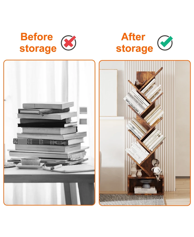 homfan 8 Tier Tree Bookshelf, Free Standing Tree Bookcase with Drawer, Utility Book Organizer Shelves for Home Office, Living Room, Bedroom