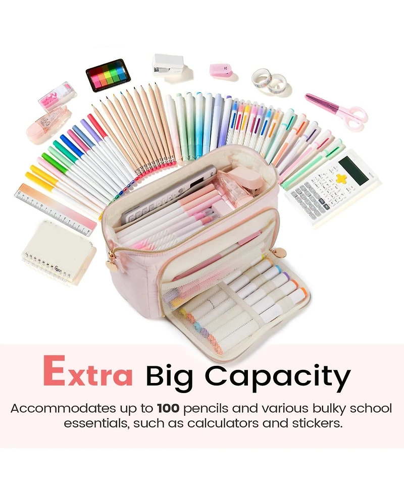 Danrong Large Pencil Case Soft Quilted Bag Wide Opening Multi Compartment School Supplies Storage Organizer Portable Durable Zipper