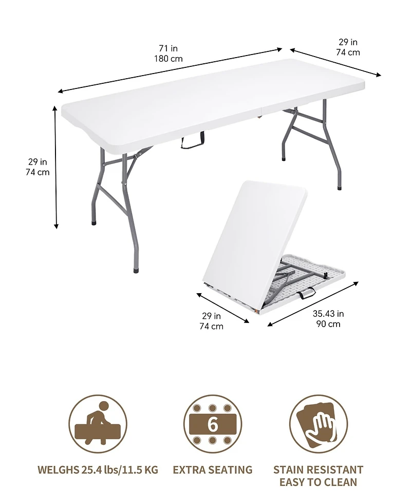 Piscifun Folding Camping Table Portable 6ft Heavy Duty Plastic Indoor Outdoor